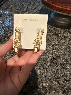 Tory Burch Gold and White Leather Chain-Link Logo Hoop Earrings